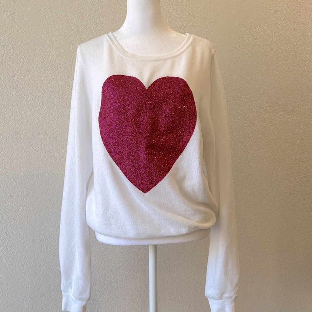 Wildfox Women’s White Fuzzy Sparkle Pink Heart Sweater Size Small